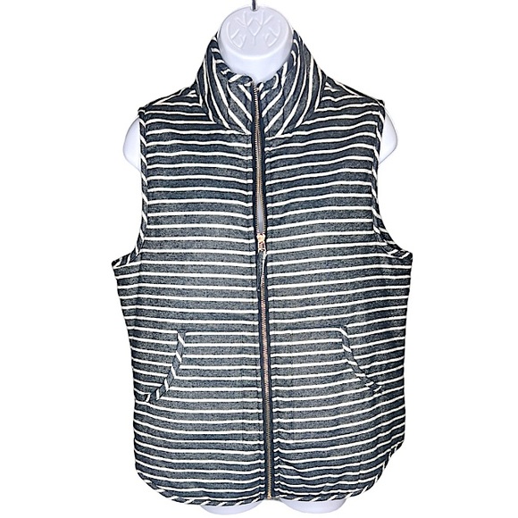 Mud Pie Heathered Gray & White Striped Padded Preppy Zip Up Vest Size M EUC! - Picture 5 of 11